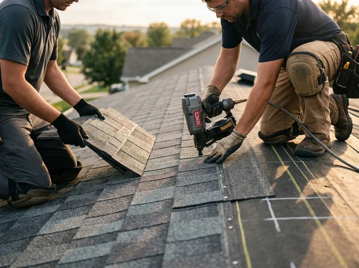 Professional roofer working on a residential roof in Old Town